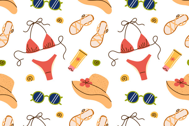 海滩度假图案，配有女性夏日配饰和时尚海滨氛围。用于旅行无缝设计、度假村品牌推广、时尚印花、包装的平面卡通矢量插画。图片下载