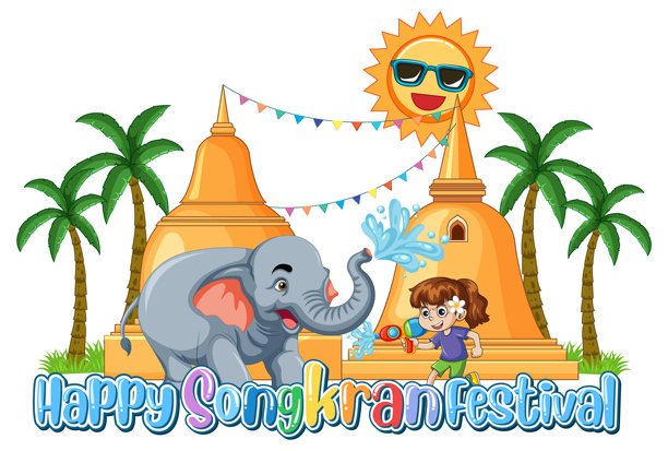 欢乐宋干节插画：大象和女孩在玩水图片下载