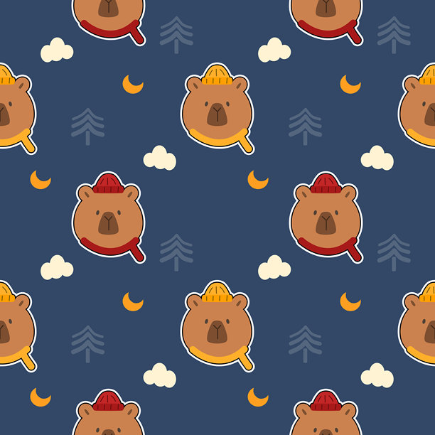 戴着围巾和帽子的可爱卡通熊，背景是树、云、月亮和蓝色。无缝矢量插画图案。图片下载