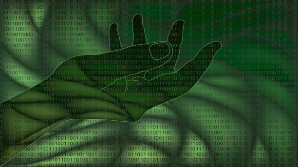 一只手掌朝上，背景为绿色波浪，上面流淌着二进制代码的插画。图片下载