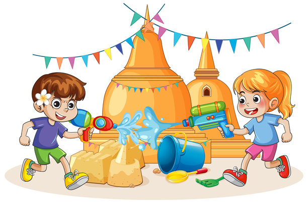 孩子们在泼水节庆祝活动中玩水枪的矢量插画图片下载