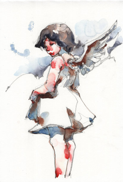 一套水彩插画，小天使坐在云朵上图片下载