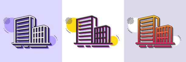 建筑物线条图标。城市建筑标志。摩天大楼。半色调点状图案。矢量图图片下载