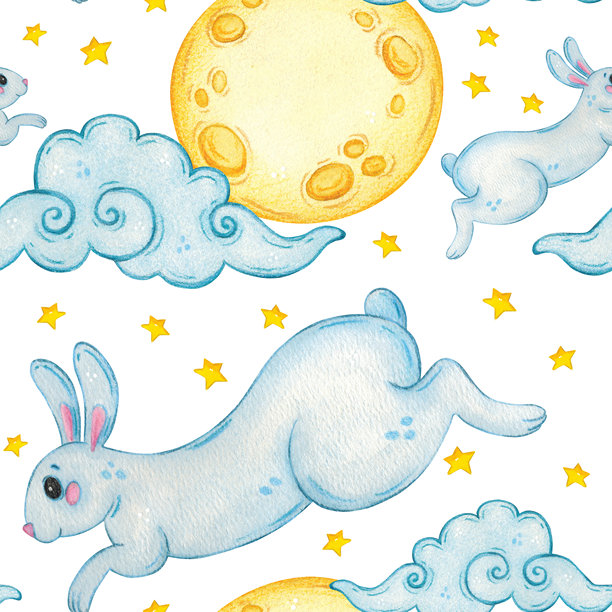 月兔在星云间跳跃的无缝图案。手绘水彩插画，卡通风格。适用于剪贴簿、贴纸、卡片、横幅设计。节日、中秋节、动物、梦想、婴儿图片下载