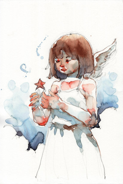 一套水彩插画，小天使坐在云端图片下载