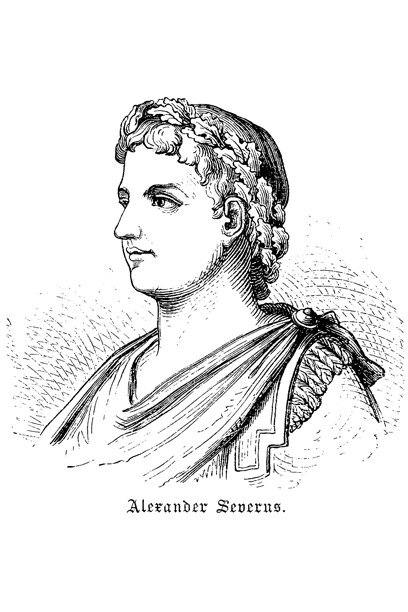 亚历山大·塞维鲁，罗马皇帝侧面肖像，细节刻画了发型和盔甲，带标签的雕刻，1880年的老式插画。图片下载