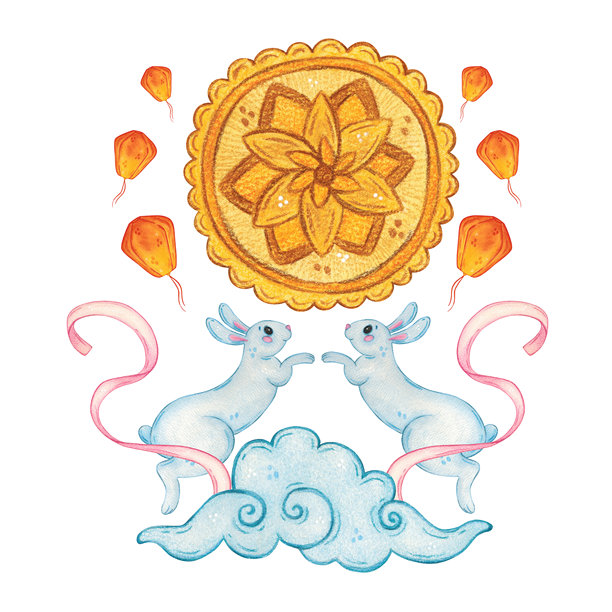 两只兔子、丝带、月饼、灯笼和一朵云。手绘水彩插画，卡通风格。用于剪贴簿、贴纸、卡片和横幅的设计。动物、食物、节日、中秋节、亚洲、粉色图片下载