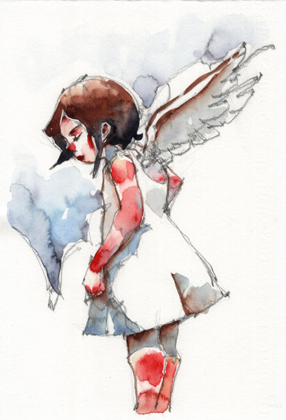 一套水彩插画，小天使坐在云朵上图片下载