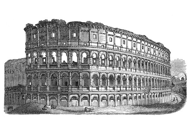 罗马斗兽场，罗马斗兽场遗址，罗马地标的详细插画，展示了标志性的拱门、柱子和建筑的衰败，老式复古插画，1880年。图片下载