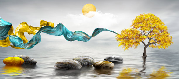 金色和黑色的树木，搭配金色、黑色和灰色的山峦，背景为浅色，带有白色云朵。3D插画，山丘，中国风壁纸，风景布面艺术。图片下载