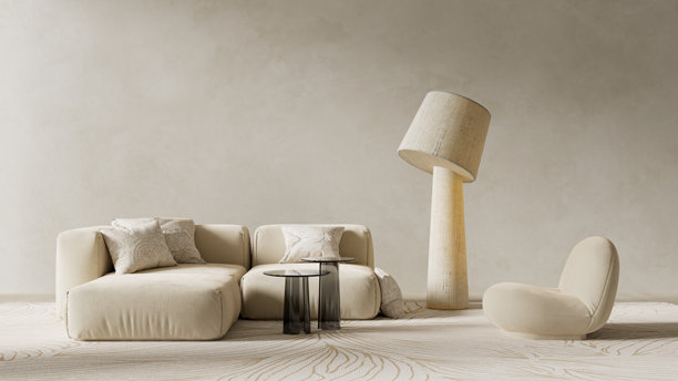 极简现代客厅，留白、柔和的中性色调和当代家具营造出宁静、平衡且优雅的室内构图。3D插画图片下载