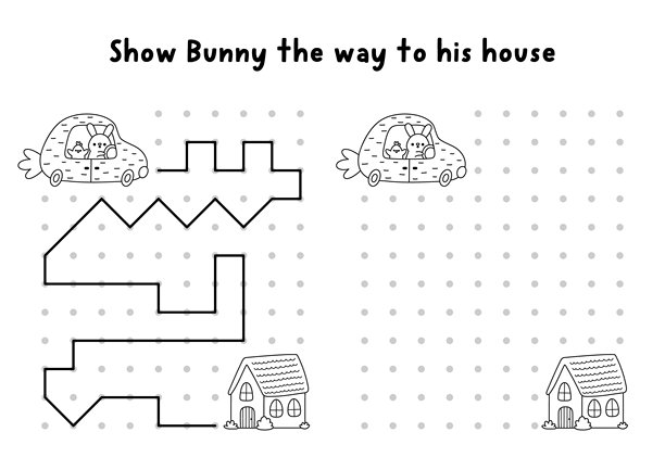 复活节村庄黑白画，书写、描摹、空间定向活动，兔子驾车回家。在方框内按示例画线。春季假日可打印游戏，涂色页图片下载