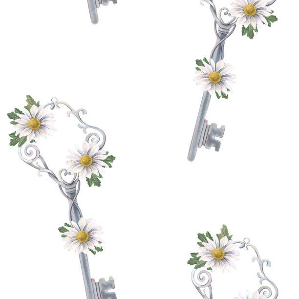 金属钥匙和菊花的无缝图案。手绘水彩插画，孤立在白色背景上，适用于纺织品、包装、文具、壁纸、品牌设计、婚礼设计和装饰。图片下载