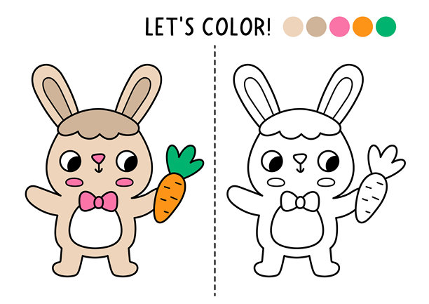 儿童复活节村庄填色页，有可爱的兔子和胡萝卜。矢量春季节日轮廓插画。带彩色示例的儿童涂色书。绘画技巧打印工作表图片下载