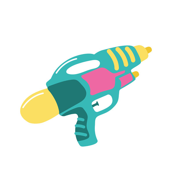 扁平矢量风格的彩色儿童水枪玩具插画，柔和的粉彩色调的俏皮夏日童年设计图片下载