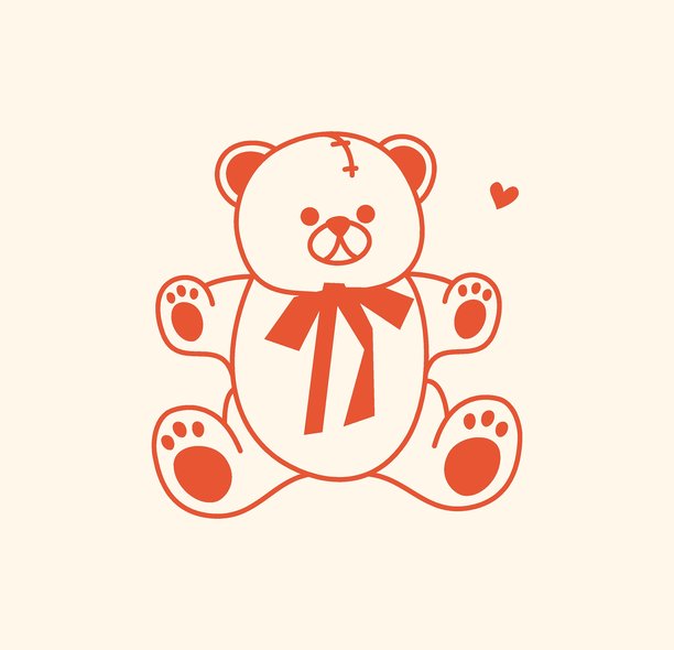可爱泰迪熊玩具的插画，带有蝴蝶结，采用简约线条艺术风格。图片下载