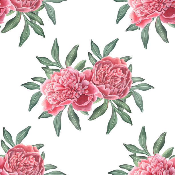 粉色牡丹花蕾、叶子的无缝图案。手绘水彩插画，孤立在白色背景上，适用于纺织品、包装、文具、壁纸、品牌设计、浪漫装饰图片下载