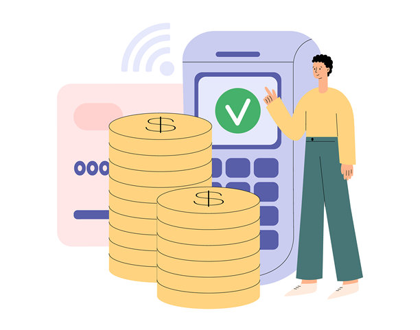 在线支付概念。男子使用银行塑料卡在POS机上支付购物款。通过NFC技术进行非接触式无线无现金支付。电子转账。扁平化矢量插画图片下载