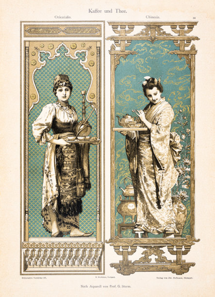 1890年古董装饰插画，描绘了身着东方风格服饰的女性正在服务咖啡和茶图片下载