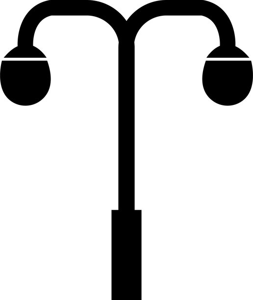 一座小城市夜晚的街道，配有现代LED路灯，体现城市电气化技术。复古路灯和聚光灯剪影的扁平化矢量图标景观，带有极简路灯。图片下载