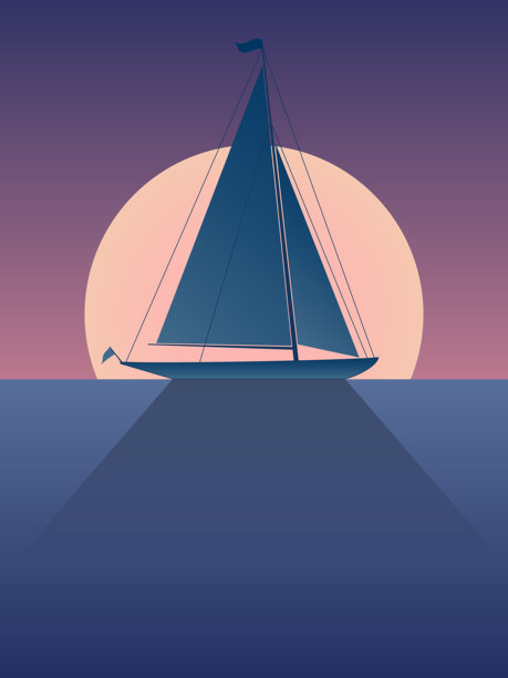 夕阳下的帆船，矢量插画。创意草图。图片下载