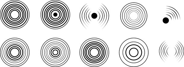 雷达图标集。雷达屏幕图标的矢量图。可编辑描边。适用于网页设计和移动应用的线性标志。符号，声纳声波。雷达图标。孤立在透明背景上。图片下载