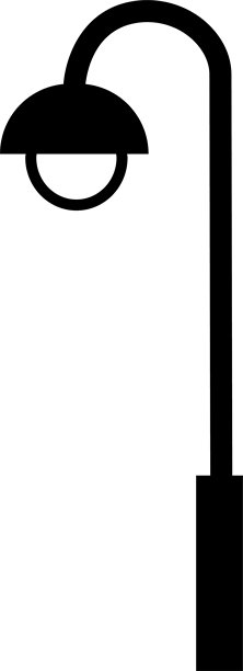 一座小城夜晚的街道，配有现代LED路灯，体现城市电力能源技术。复古路灯和射灯剪影的平面矢量图标，景观中带有极简路灯。图片下载