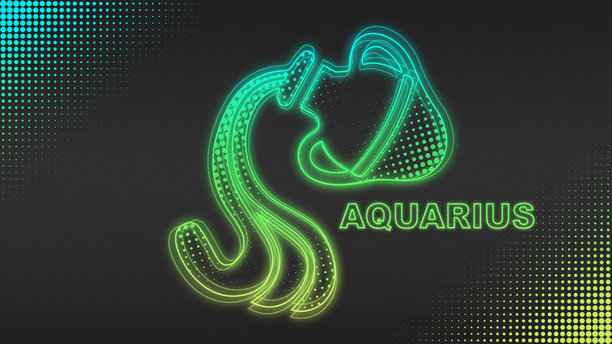 霓虹蓝黄水瓶座星座轮廓，未来感发光半调插画图片下载