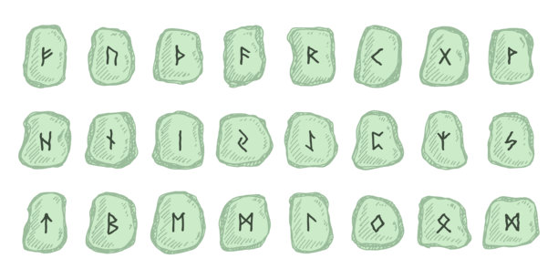 一套手绘的维京符文，符文石上刻有古斯堪的纳维亚字母，北欧古弗萨克、日耳曼、凯尔特风格。单个元素，适用于设计、印刷、网页、装饰。图片下载