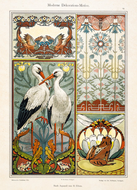 1899年复古装饰插画，包含鸟类、动物和花卉装饰图案图片下载