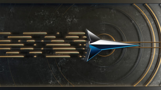 复古未来主义 3D 飞行器。带有光泽金色效果的铬半色调元素。几何形状。3D 插画图片下载