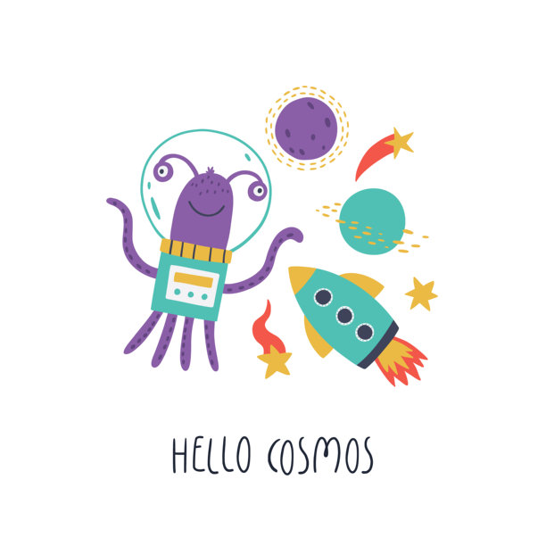可爱的涂鸦太空插画，有友好的外星宇航员、火箭、行星、星星，以及“你好宇宙”的文字。明亮色彩的俏皮宇宙艺术作品，非常适合儿童设计、海报和印刷品。图片下载