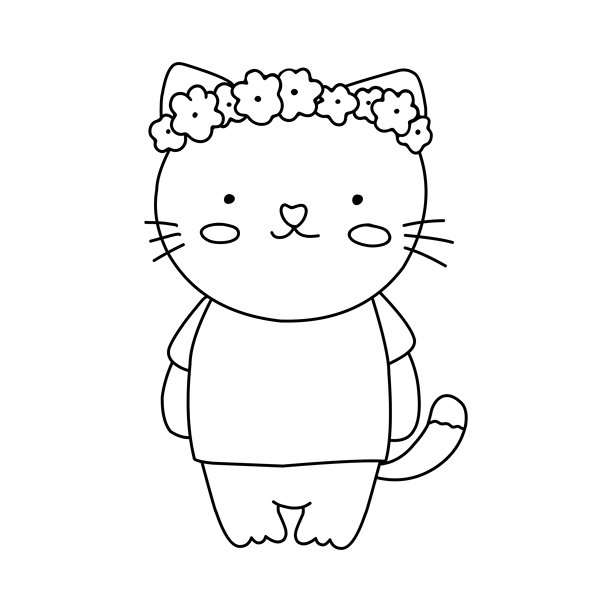 一只可爱的猫咪戴着花冠，采用日系涂鸦风格插画。极简黑白矢量线条艺术。图片下载
