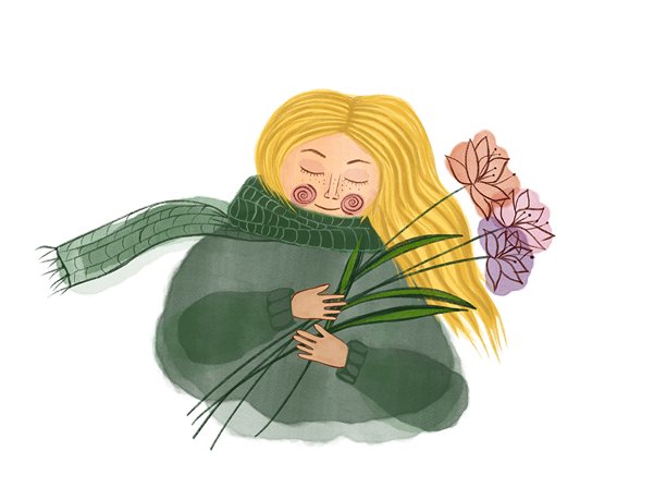 一位金发女性平静地将花束抱在胸前。绿色毛衣女性角色的数字插画。图片下载