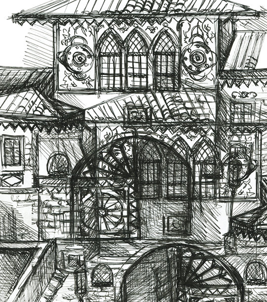 白色背景上教堂尖塔的抽象草图。建筑幻想插画。图片下载