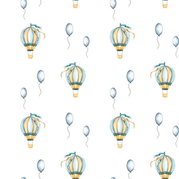 热气球和气球的无缝图案。儿童壁纸，热气球和飞艇。漂浮气球的水彩插画，适用于儿童用品、儿童壁纸、包装纸。图片下载