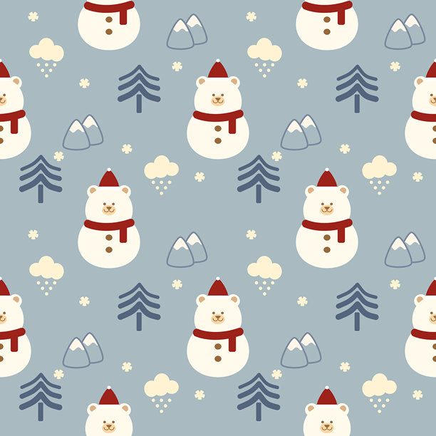 可爱的北极熊卡通形象，背景为树木、山峦、云彩和雪景。无缝图案矢量插画。图片下载