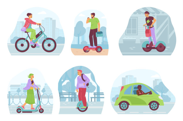 人们使用现代城市电动交通工具的扁平卡通矢量插画图片下载