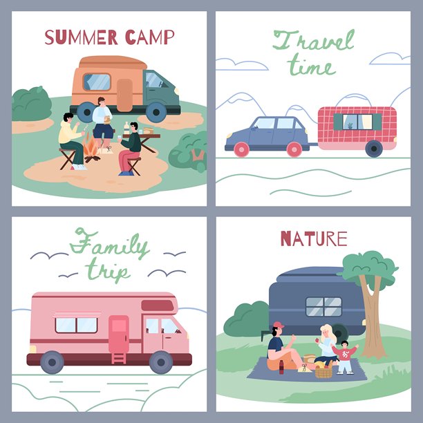 夏令营度假横幅或海报，扁平化矢量插画。图片下载