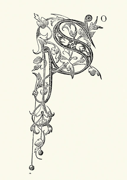 华丽的S字母，装饰性花体字设计，维多利亚时代复古插画，19世纪图片下载
