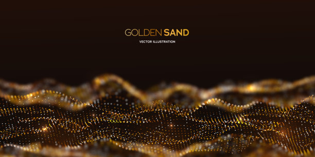 深邃动感的抽象金色沙浪，由发光粒子构成，背景为深色。奢华金色沙粒与高端抽象波浪。矢量插画。图片下载