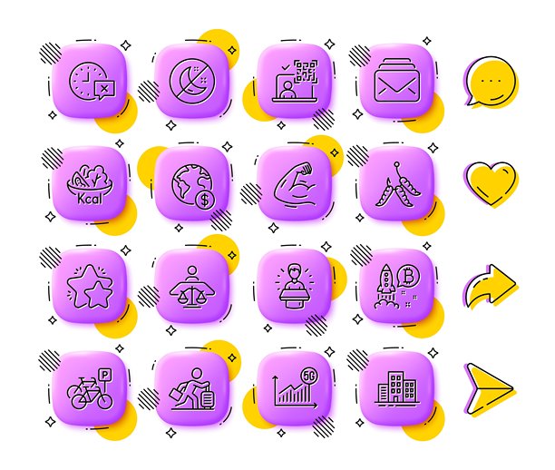 5G统计、品牌大使和旅行延误线图标。适用于网页应用、印刷品。应用3D按钮图标。矢量图图片下载