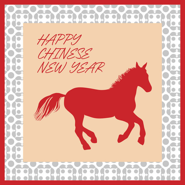 新年快乐贺卡，红色马年生肖。手绘剪影插画，矢量图图片下载