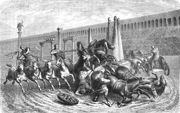 宏伟罗马竞技场内的战车比赛，有马匹、御手、坠落的骑手、欢呼的人群和高耸的建筑，这是一幅1880年的老式复古插画。图片下载