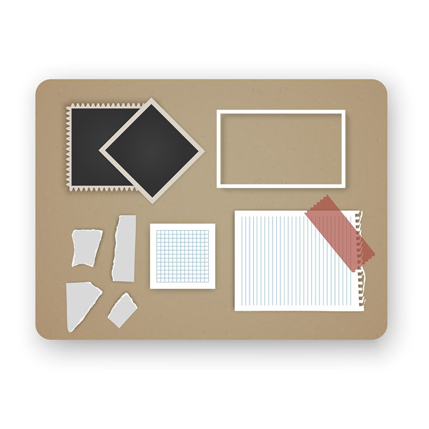 带有彩色图钉的软木板模型，上面钉着各种纸质笔记和相框。该套装包括一张撕下的笔记本纸、空白照片占位符，非常适合愿景板、组织计划表和创意任务管理布局。图片下载