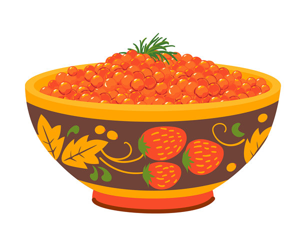 霍赫洛马风格彩绘碗中的红鱼子酱。这种俄罗斯美食的矢量插画。象征俄罗斯的财富、慷慨和传统好客。扁平化风格。图片下载