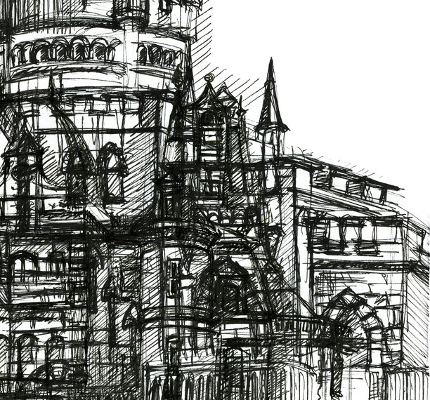 白色背景上的教堂尖顶抽象草图。建筑幻想插画图片下载
