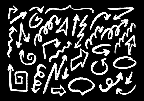 黑板上的手绘粉笔箭头和涂鸦线条。粗糙的笔触、铅笔素描、带有粗糙纹理的马克笔涂鸦。复古颓废元素。一套复古颓废风格的矢量素材。图片下载