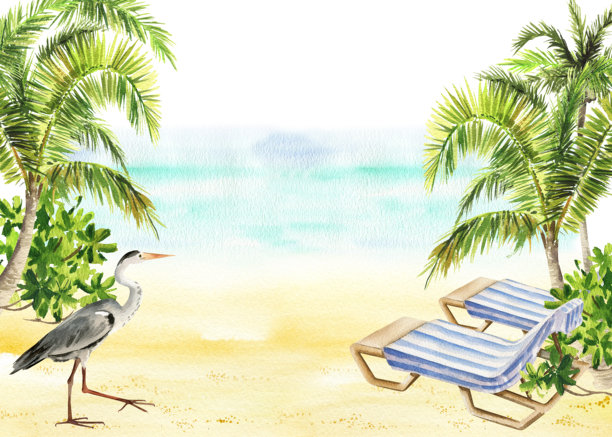 水彩热带棕榈树在沙滩上，海边躺椅，条纹毛巾，灰鹭，印度洋中的岛屿，度假，海边放松，休息的插画，马尔代夫、古巴的手绘草图图片下载