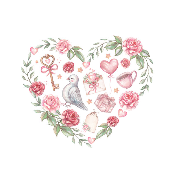 黑底水彩心形花环，饰有粉色玫瑰、爱情符号、小鸟、礼物、信封、钥匙和咖啡杯。柔和的粉彩色调，浪漫情人节插画，适用于卡片、印刷品和婚礼设计。图片下载